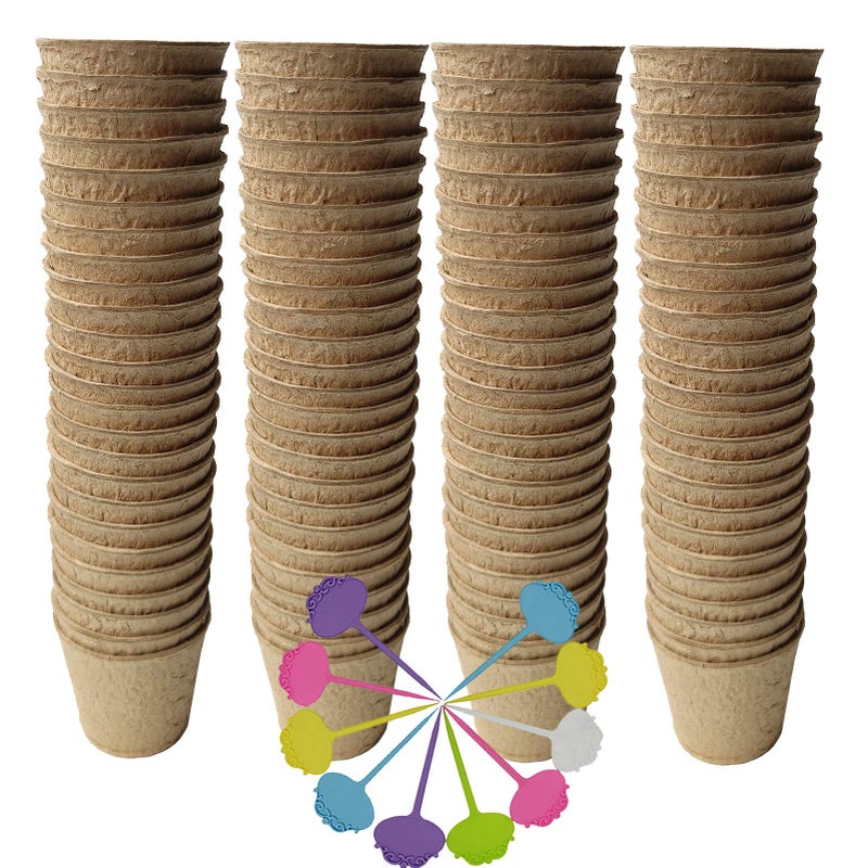 FDGARDEN Biodegradable Peat Pots for seedlings, 100 Pack Plant Seed Starter Pots Kit, 2.36inch Succulent Planter Nursery Pots with 10 Plant Markers, Garden Germination Kits - Image 1